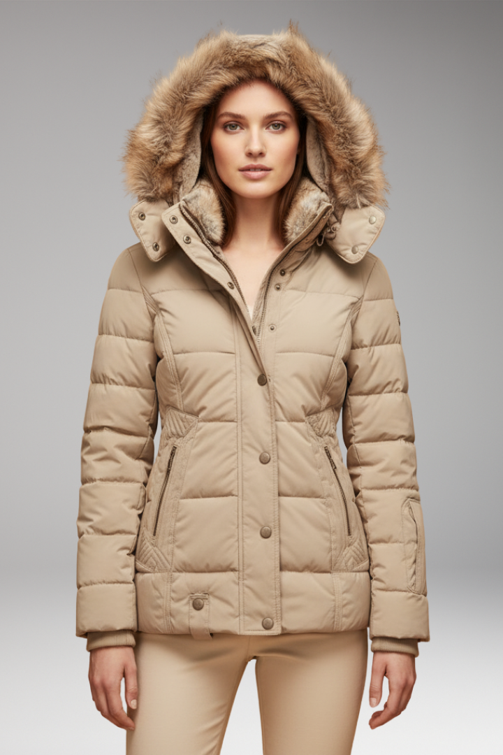 Women's Hooded Padded Jacket with Faux Fur Hood and Waist Detail