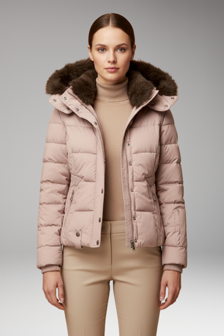 Women's Hooded Padded Jacket with Faux Fur Hood and Waist Detail