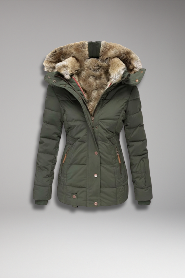 Women's Hooded Padded Jacket with Faux Fur Hood and Waist Detail
