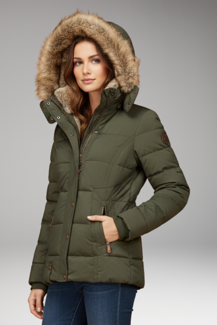 Women's Hooded Padded Jacket with Faux Fur Hood and Waist Detail