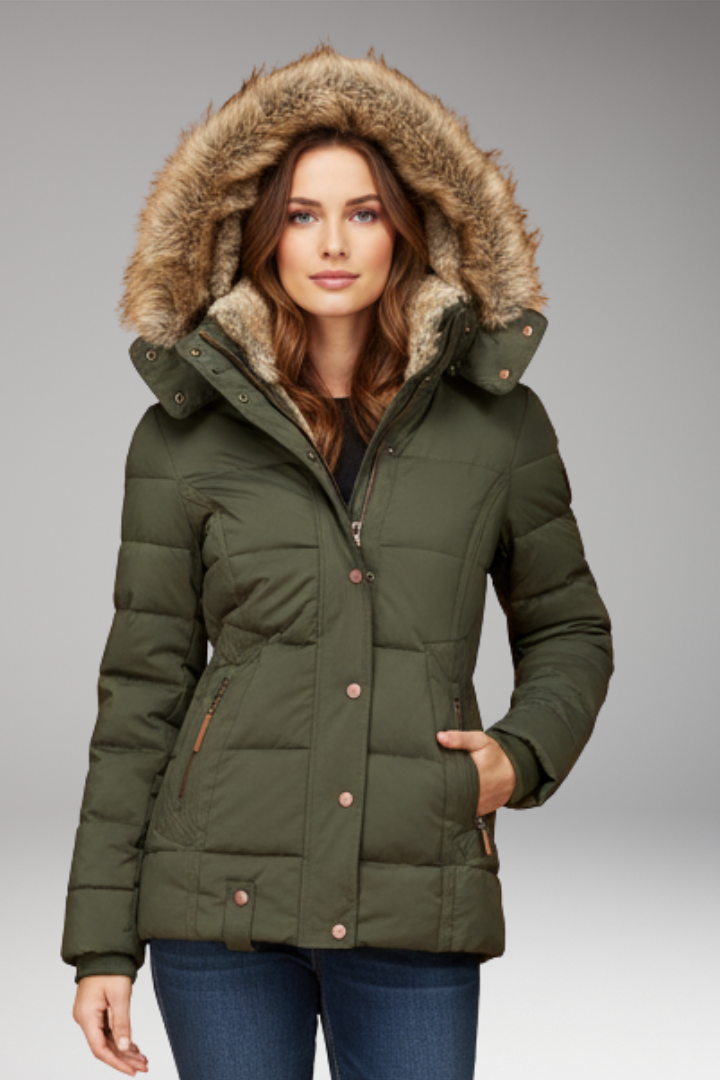 Women's Hooded Padded Jacket with Faux Fur Hood and Waist Detail