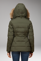 Women's Hooded Padded Jacket with Faux Fur Hood and Waist Detail