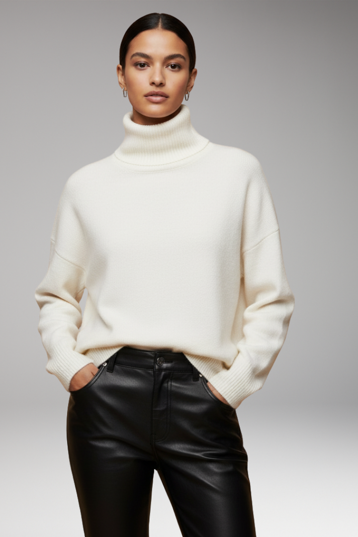 Women's Turtleneck Sweater with Dolman Sleeves and Ribbed Hem