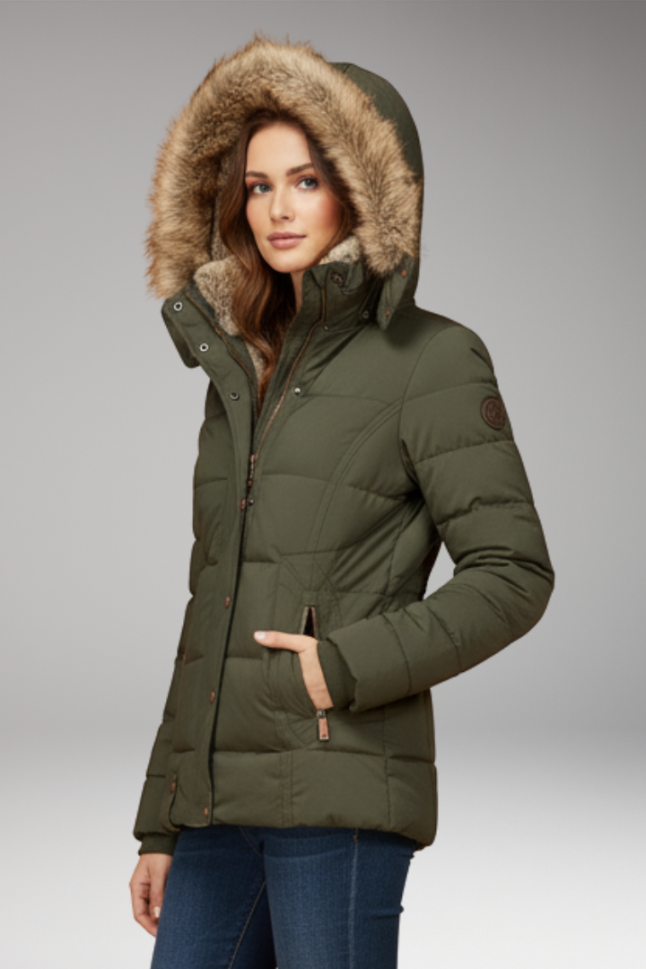 Women's Hooded Padded Jacket with Faux Fur Hood and Waist Detail