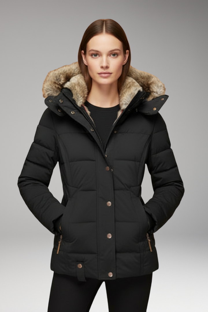 Women's Hooded Padded Jacket with Faux Fur Hood and Waist Detail