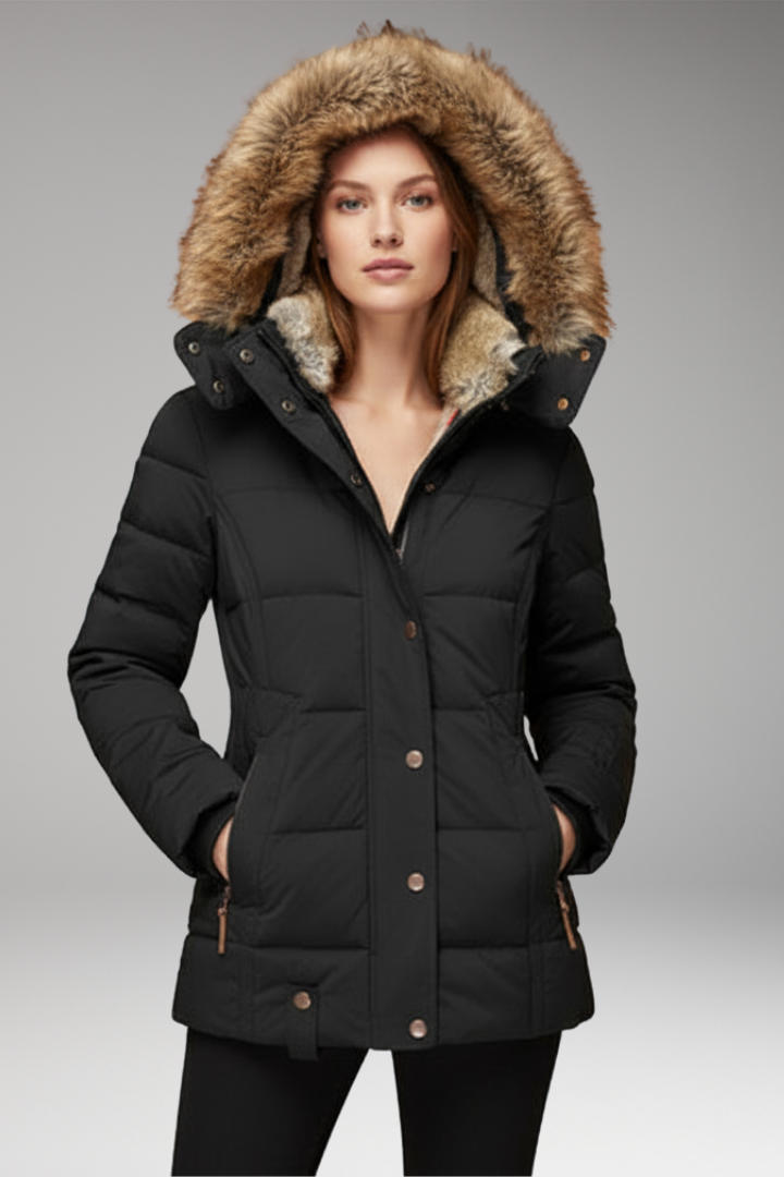 Women's Hooded Padded Jacket with Faux Fur Hood and Waist Detail