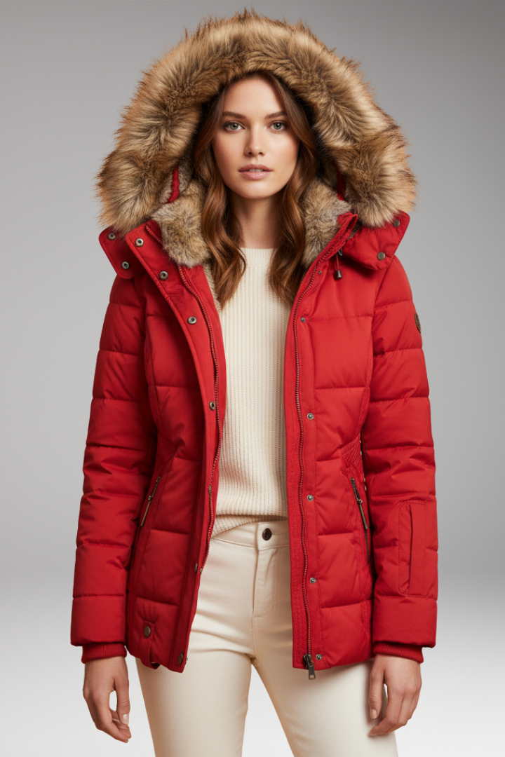 Women's Hooded Padded Jacket with Faux Fur Hood and Waist Detail