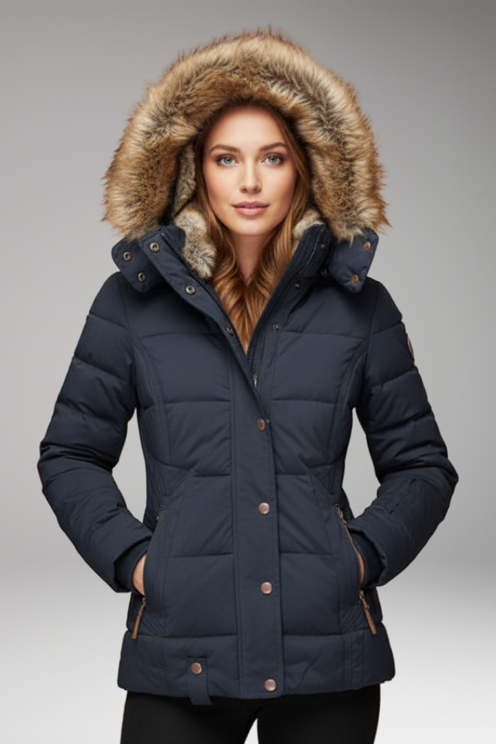 Women's Hooded Padded Jacket with Faux Fur Hood and Waist Detail