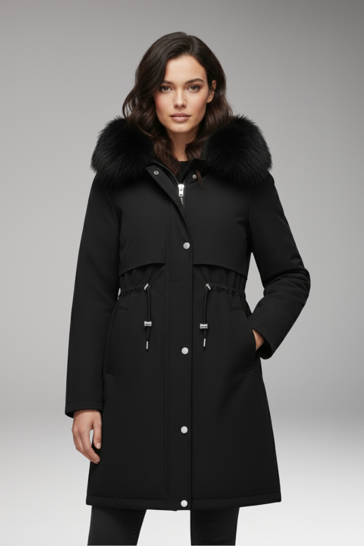 Women's Jacket with Faux-Fur Collar and Adjustable Waist