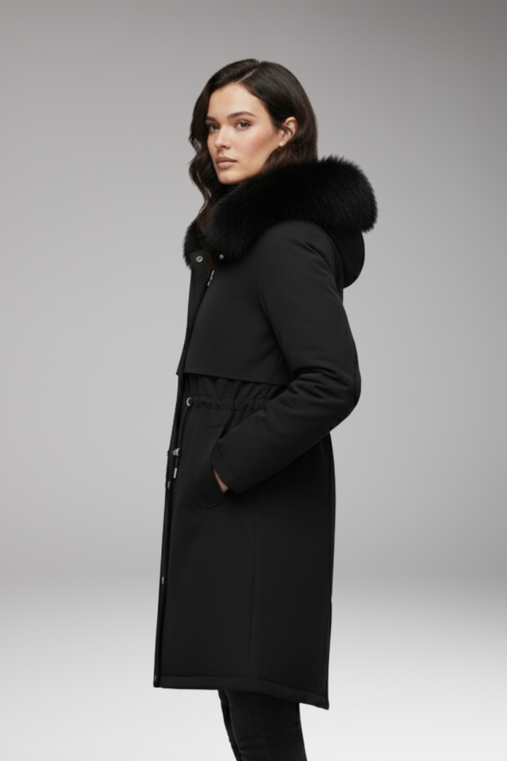 Women's Jacket with Faux-Fur Collar and Adjustable Waist