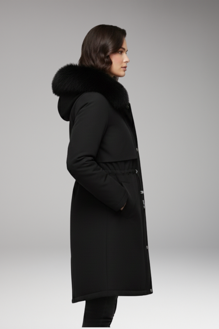 Women's Jacket with Faux-Fur Collar and Adjustable Waist