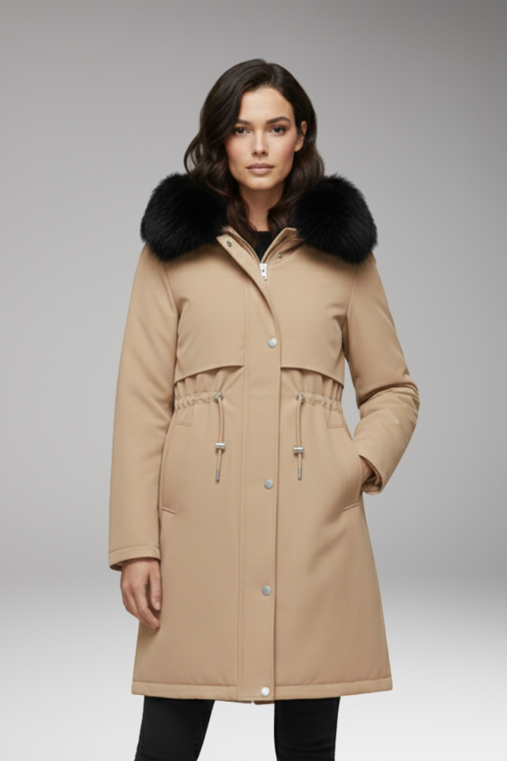 Women's Jacket with Faux-Fur Collar and Adjustable Waist