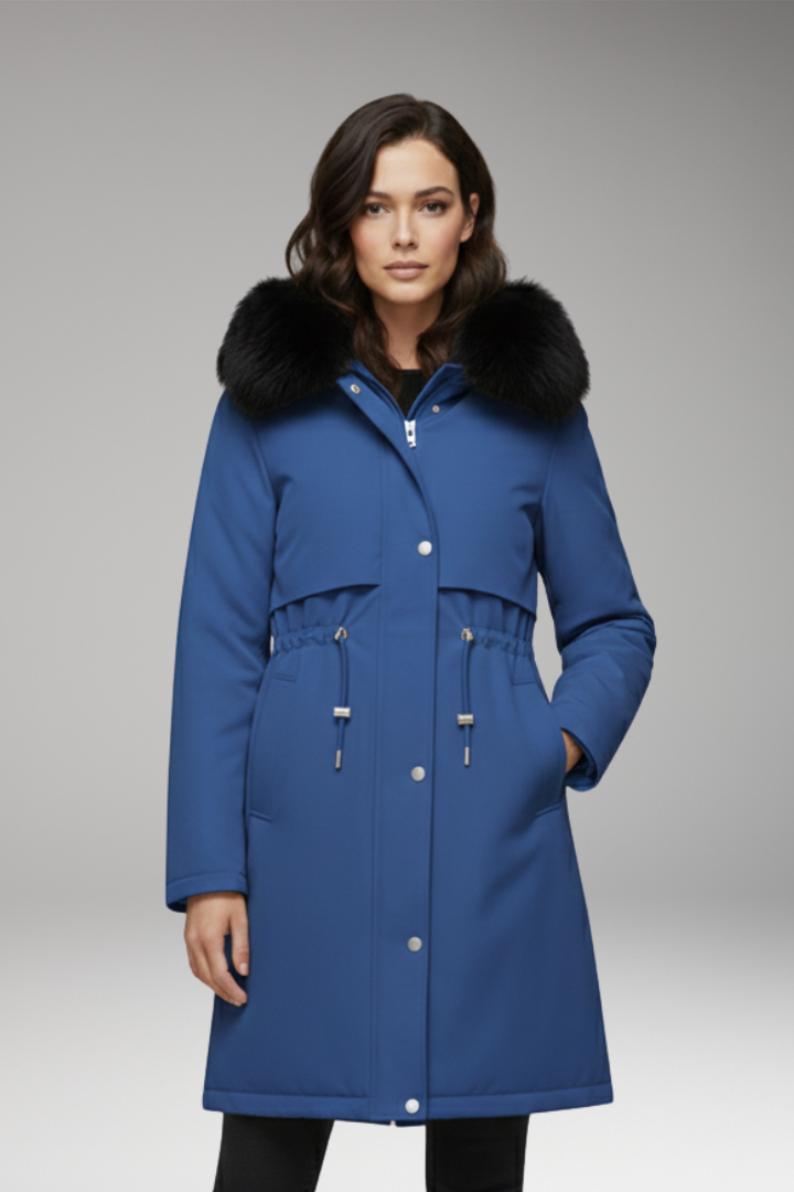 Women's Jacket with Faux-Fur Collar and Adjustable Waist