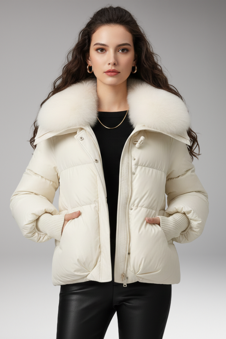 Women's Jacket with Faux Fur Collar and Quilted Surface