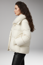 Women's Jacket with Faux Fur Collar and Quilted Surface