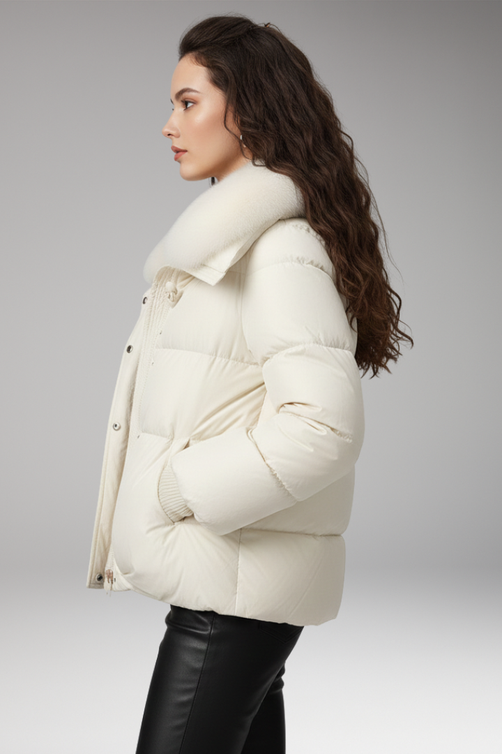 Women's Jacket with Faux Fur Collar and Quilted Surface