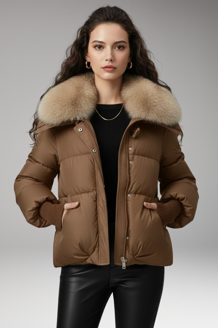 Women's Jacket with Faux Fur Collar and Quilted Surface