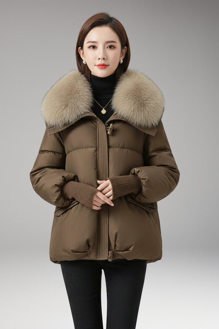 Women's Jacket with Faux Fur Collar and Ribbed Cuffs