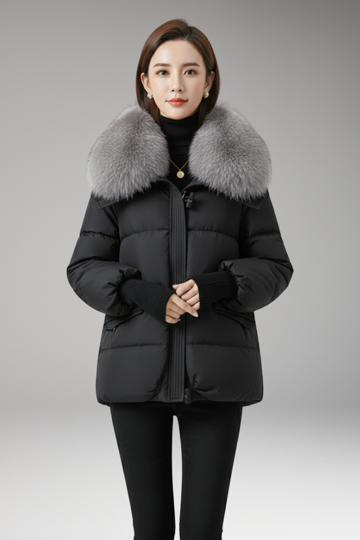 Women's Jacket with Faux Fur Collar and Ribbed Cuffs