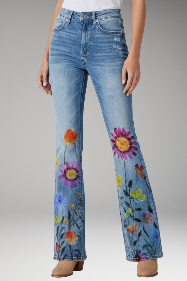 Women's Jeans with Floral Pattern and Straight-Leg Design