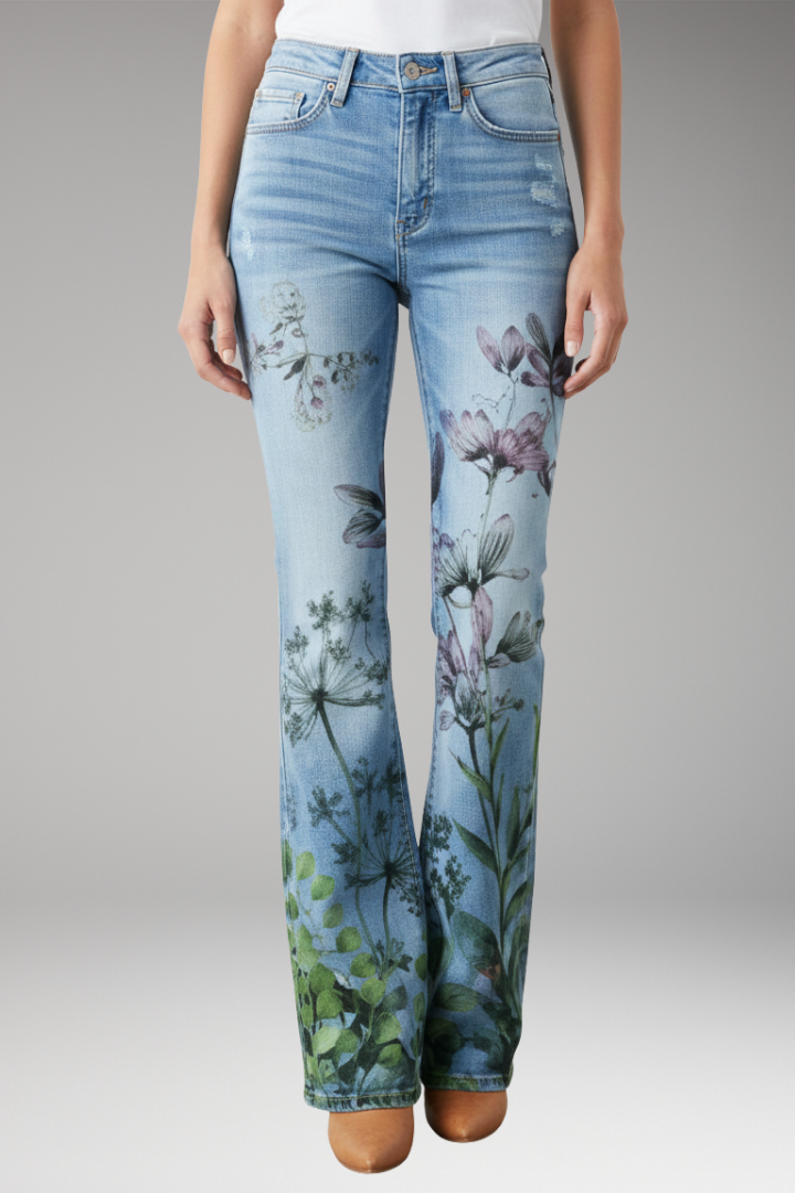 Women's Jeans with Floral Pattern and Straight-Leg Design