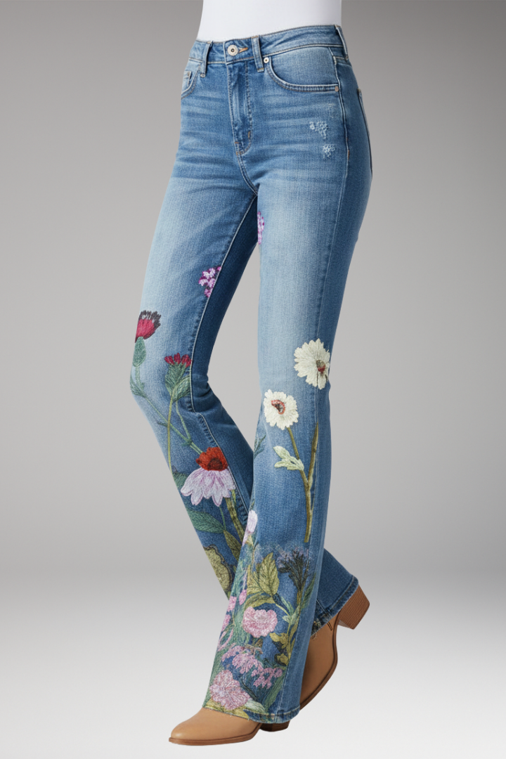 Women's Jeans with Floral Pattern and Straight-Leg Design