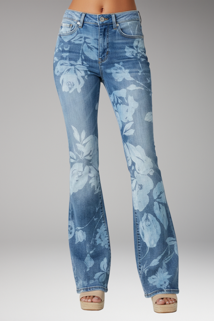 Women's Jeans with Floral Pattern and Straight-Leg Design