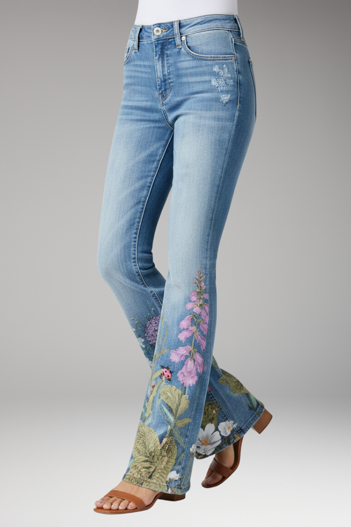 Women's Jeans with Floral Pattern and Straight-Leg Design