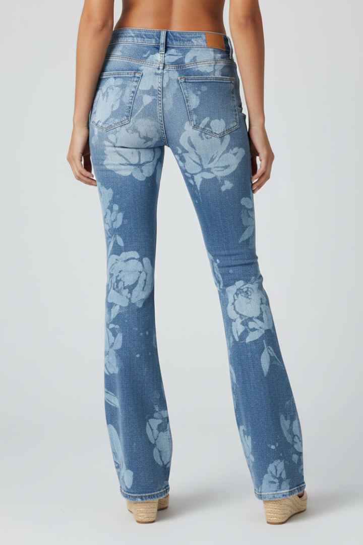 Women's Jeans with Floral Pattern and Straight-Leg Design