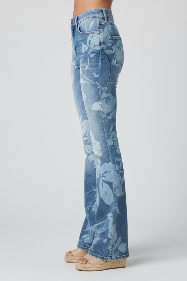 Women's Jeans with Floral Pattern and Straight-Leg Design