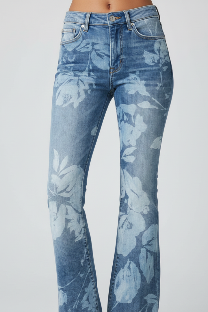 Women's Jeans with Floral Pattern and Straight-Leg Design