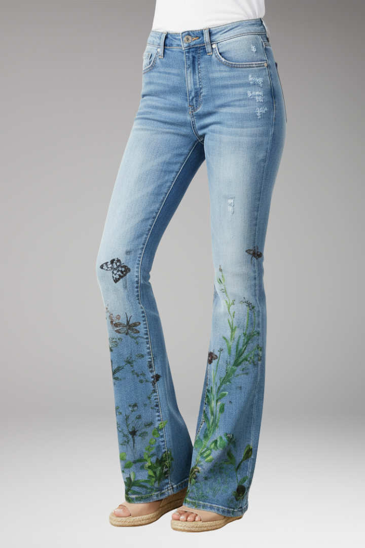 Women's Jeans with Floral Pattern and Straight-Leg Design