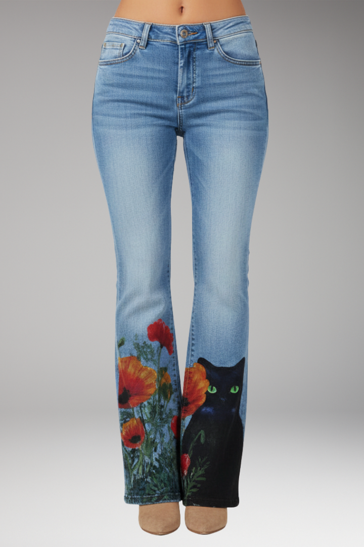 Women's Jeans with Floral Pattern and Straight-Leg Design