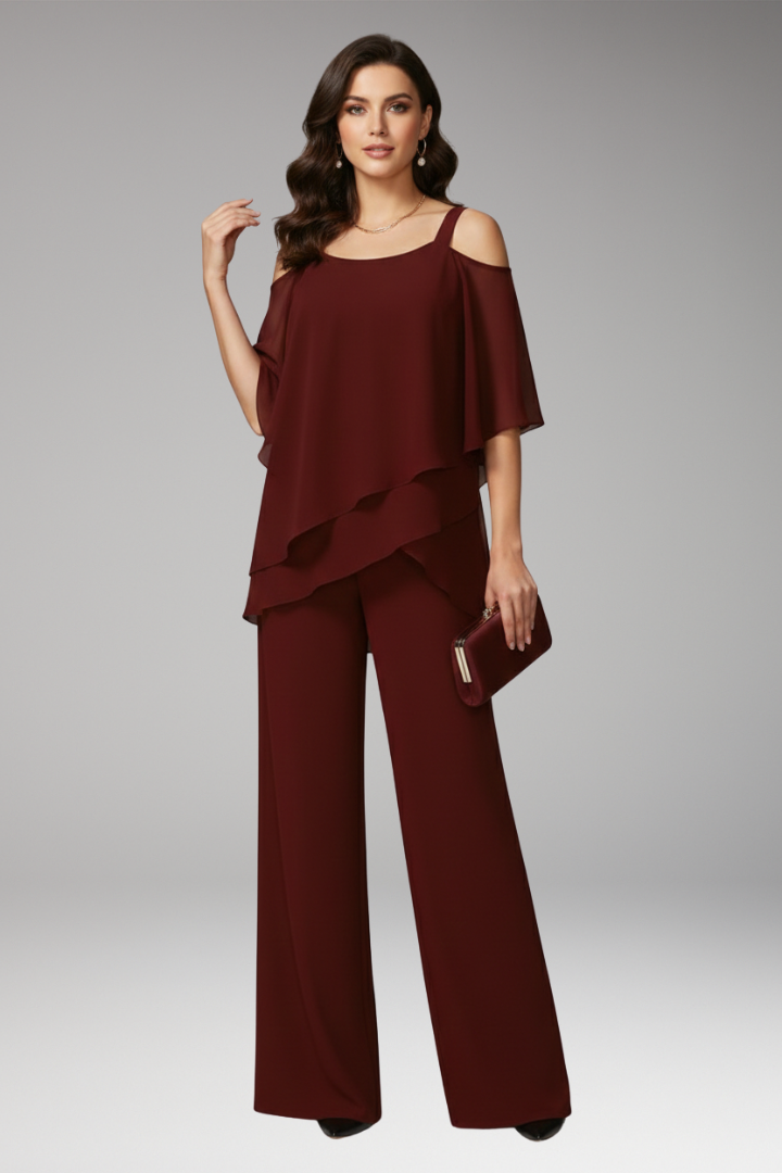 Women's Jumpsuit with Cold-Shoulder Neckline and Wide-Leg Pants