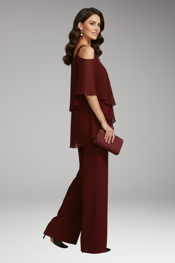 Women's Jumpsuit with Cold-Shoulder Neckline and Wide-Leg Pants
