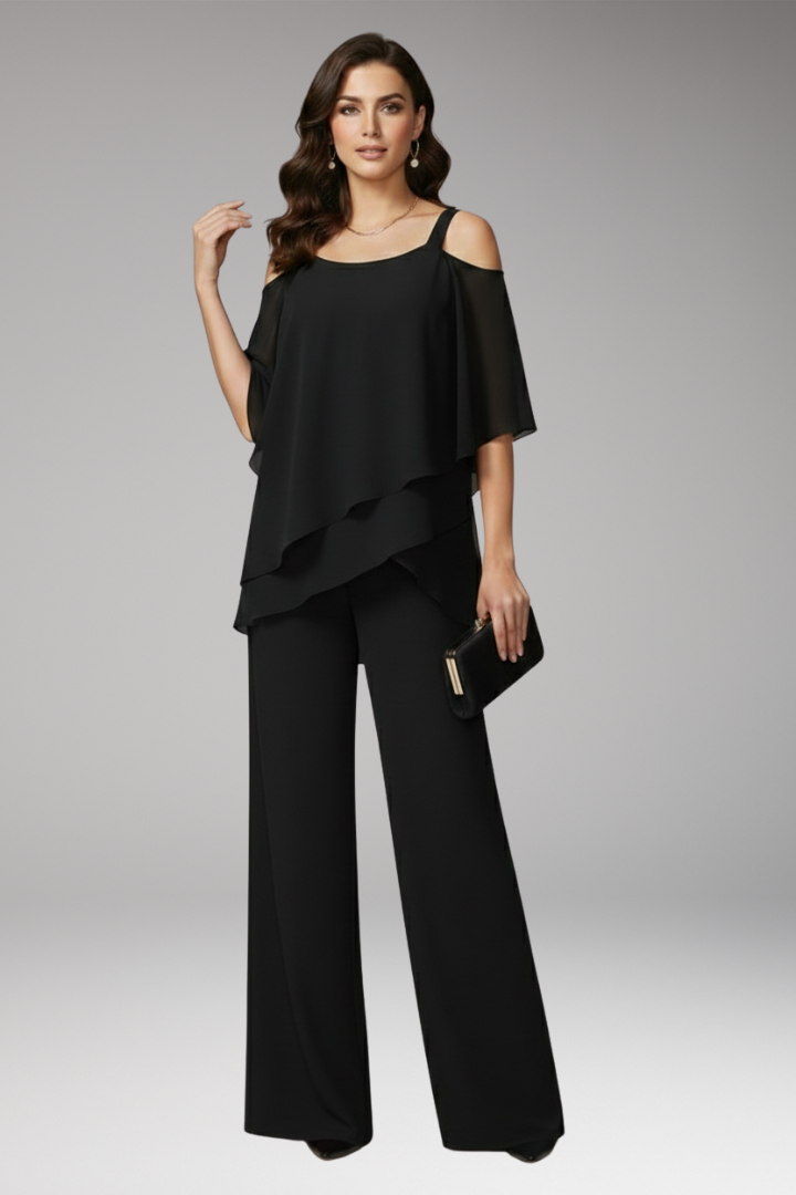 Women's Jumpsuit with Cold-Shoulder Neckline and Wide-Leg Pants