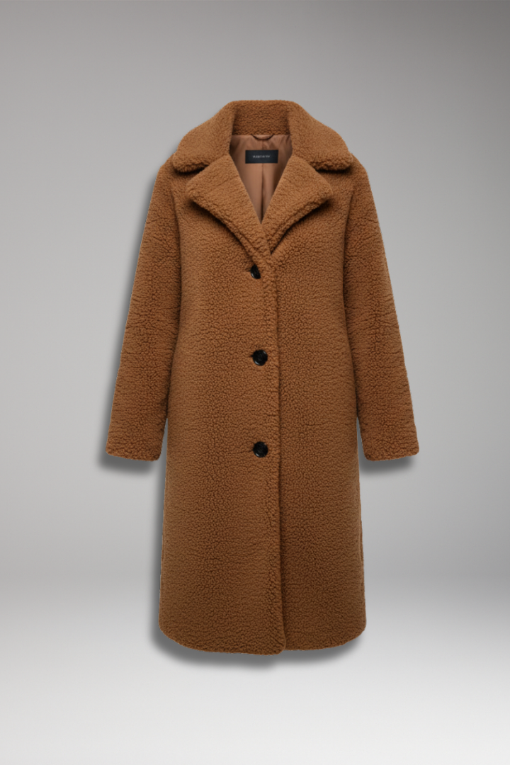 Women's Knee-Length Overcoat with High Collar and Two-Pocket Design