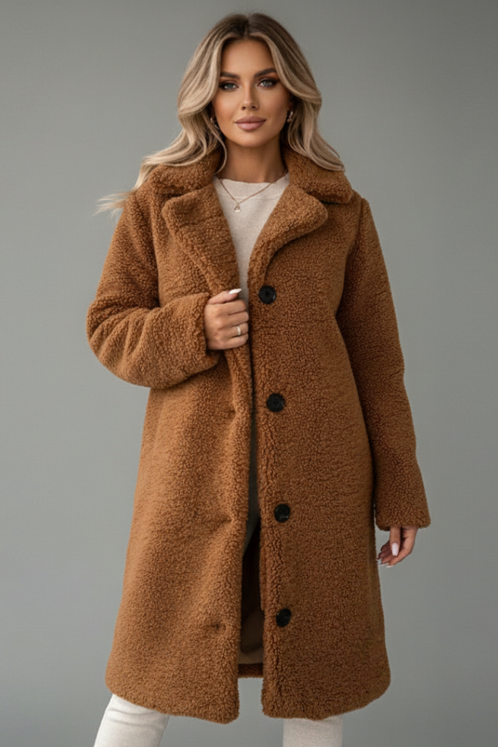 Women's Knee-Length Overcoat with High Collar and Two-Pocket Design