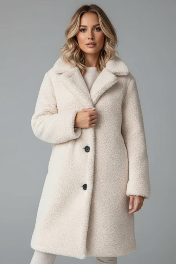 Women's Knee-Length Overcoat with High Collar and Two-Pocket Design