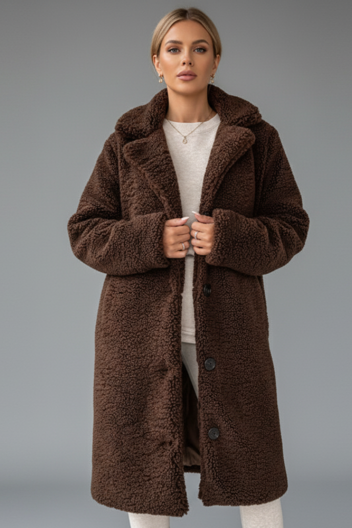 Women's Knee-Length Overcoat with High Collar and Two-Pocket Design