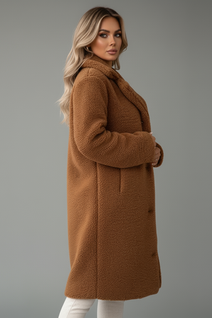 Women's Knee-Length Overcoat with High Collar and Two-Pocket Design