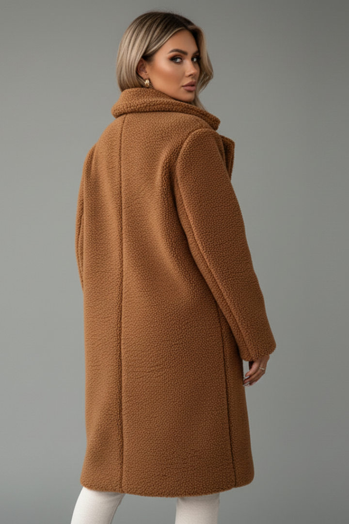 Women's Knee-Length Overcoat with High Collar and Two-Pocket Design