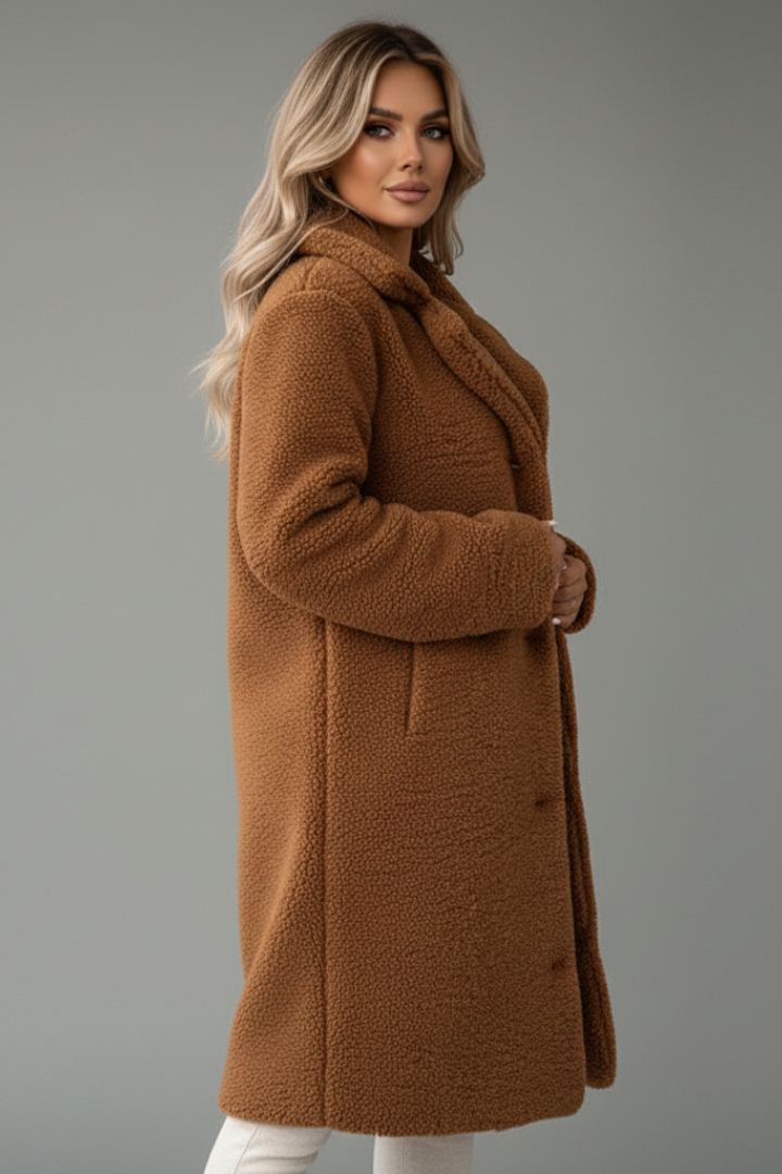 Women's Knee-Length Overcoat with High Collar and Two-Pocket Design