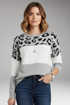Women's Knit Sweater with Round Neckline and Ribbed Hem
