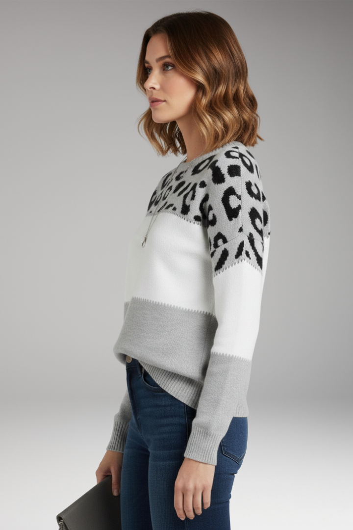 Women's Knit Sweater with Round Neckline and Ribbed Hem