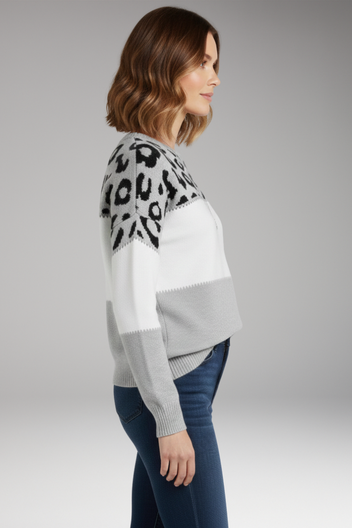 Women's Knit Sweater with Round Neckline and Ribbed Hem