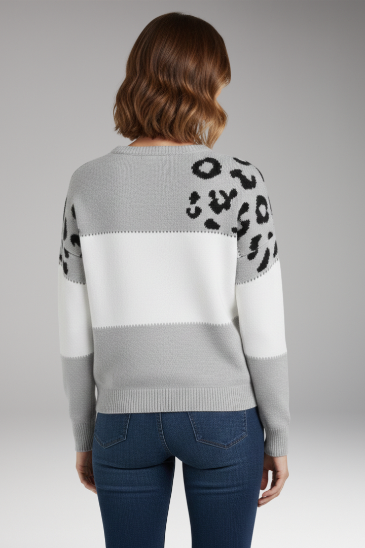 Women's Knit Sweater with Round Neckline and Ribbed Hem