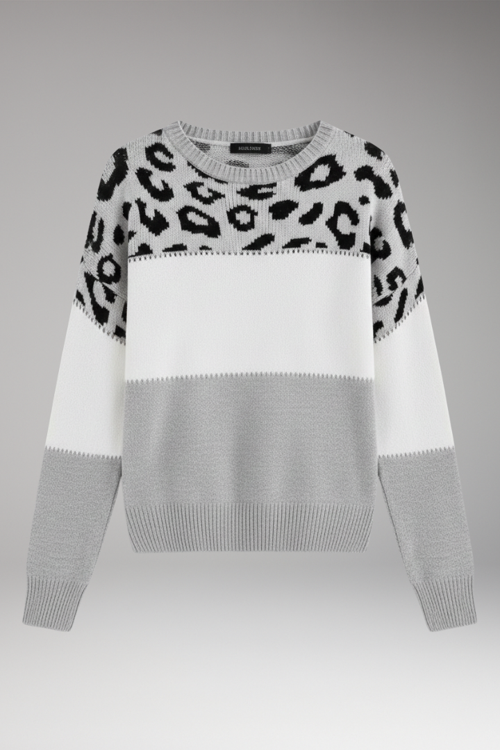 Women's Knit Sweater with Round Neckline and Ribbed Hem