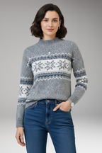 Women's Knit Sweater with Stand Collar and Patterned Surface