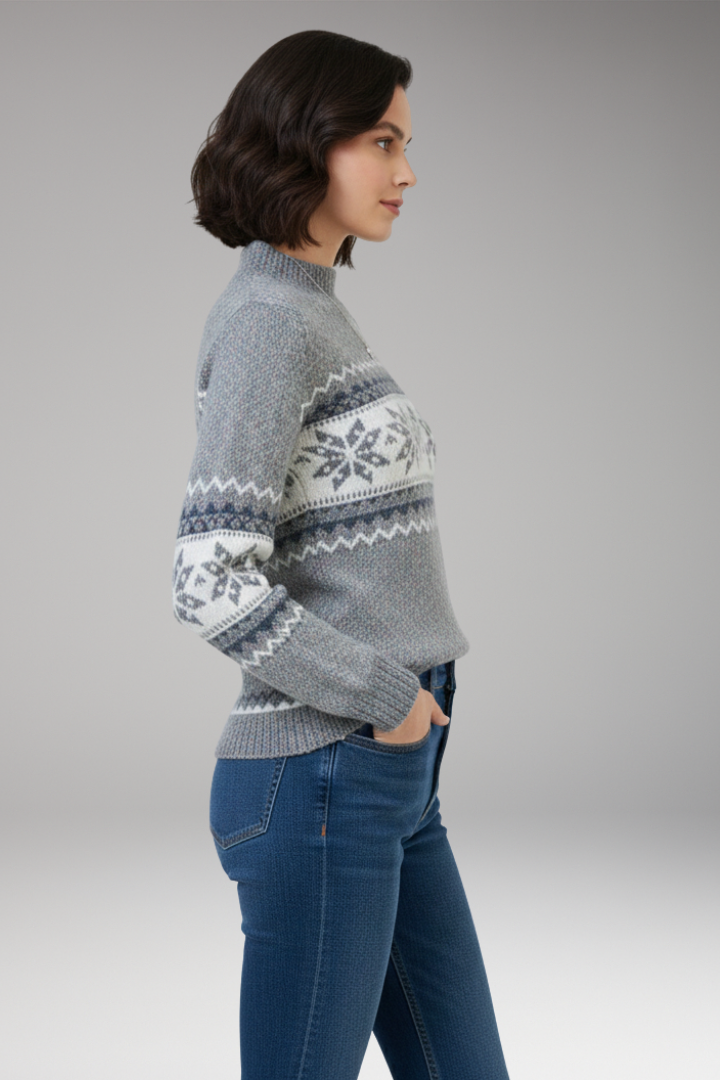Women's Knit Sweater with Stand Collar and Patterned Surface